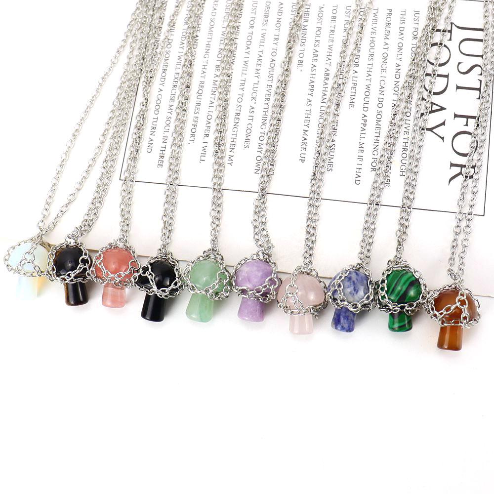Handmade Silver Mesh Pocket Crystal Tiger Stone Agate Small Mushroom Pendant Necklace Jewelry N697