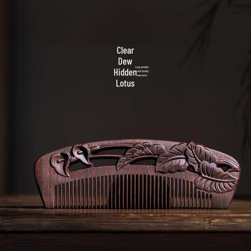 Engraved Green Sandalwood Comb - Black Gold Carved Design, Gift Box Included