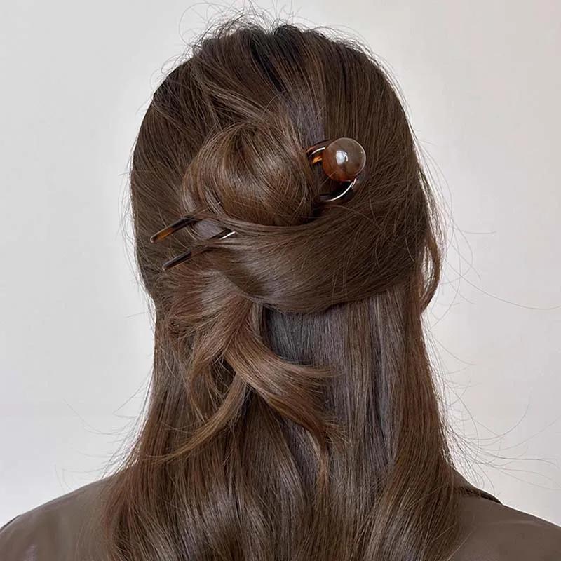 Neue Acetat U-förmige Haarstäbe im chinesischen Stil für Damen, Vintage Harz Kugelkopf Pan Haarnadeln, Duttspangen, Haarschmuck