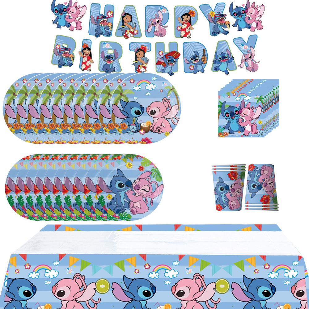52Pcs Stitch Party Tableware Includes Napkins Plates Tablecloth Cup Banner