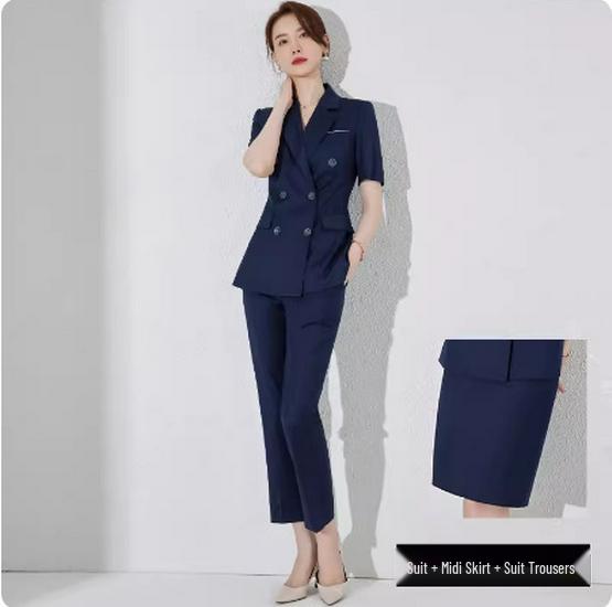 Navy Blue Short Sleeve Double-Breasted Professional Suit Set