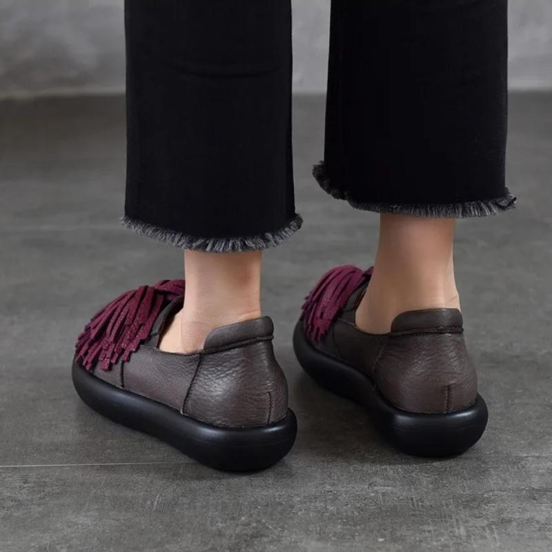Johnature Genuine Leather Thick Soled Women's Shoes Comfortable Retro Handmade Tassel Slip-on Shoes