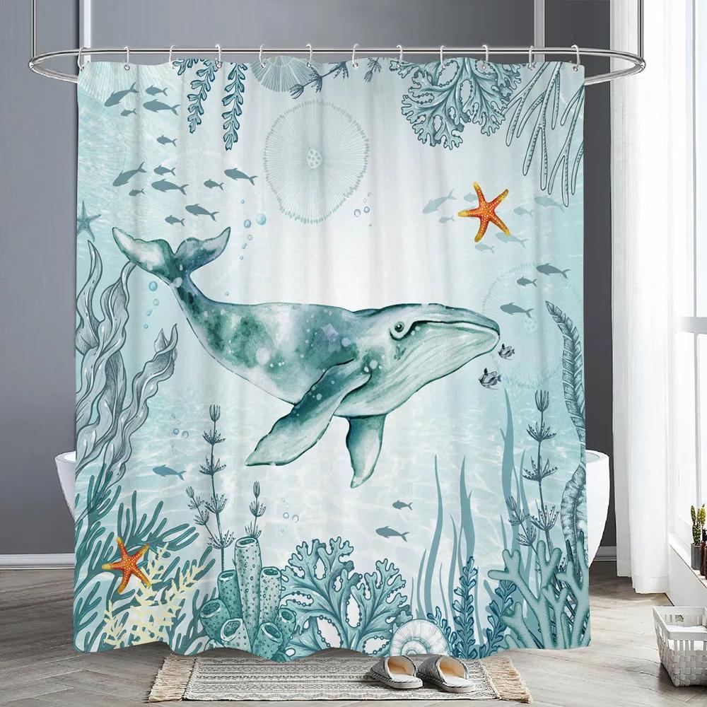 

Sea Turtle Ocean Animal Shower Curtain Starfish Underwater Plants Coral Algae Watercolour Art Home Shower Curtain Bathroom Decor W60H190(CM)-1 Pcs