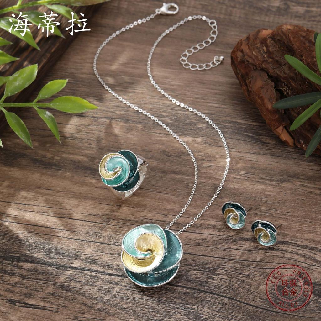 Luxury New Enamel Color Geometric Rose Stud Earrings Necklace Set, Women's Versatile Flower Necklace