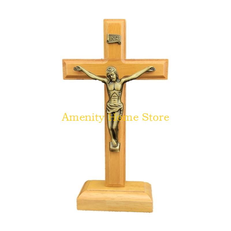 F26C Wood Catholic Jesus Cross Crucifix with Stand Religious Prayer Tabletop Decoration Home Shelf Tabletop Ornaments Gift