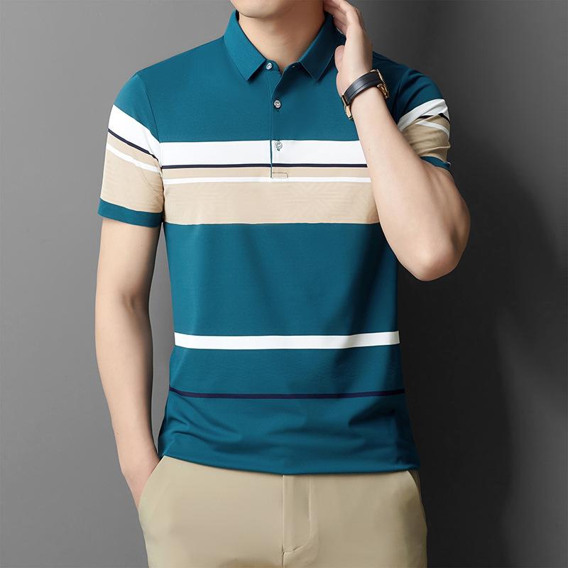 Papa Kurzarm Reine Baumwolle Kontrastfarbe Maschinenwaschbar Gestreift Lässig Herren T-Shirt Revers Locker Poloshirt