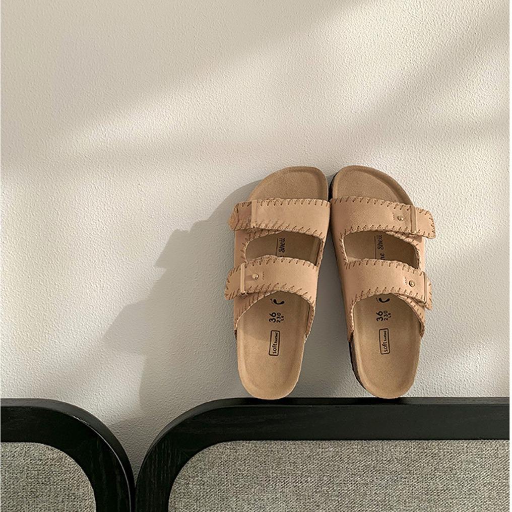 

Версия из коровьей кожи~ шлепанцы на толстой подошве с двойными пряжками, универсальные шлепанцы с открытым носком для отдыха, отпуска, пляжа, крутые шлепанцы для женщин 40 абрикосовый