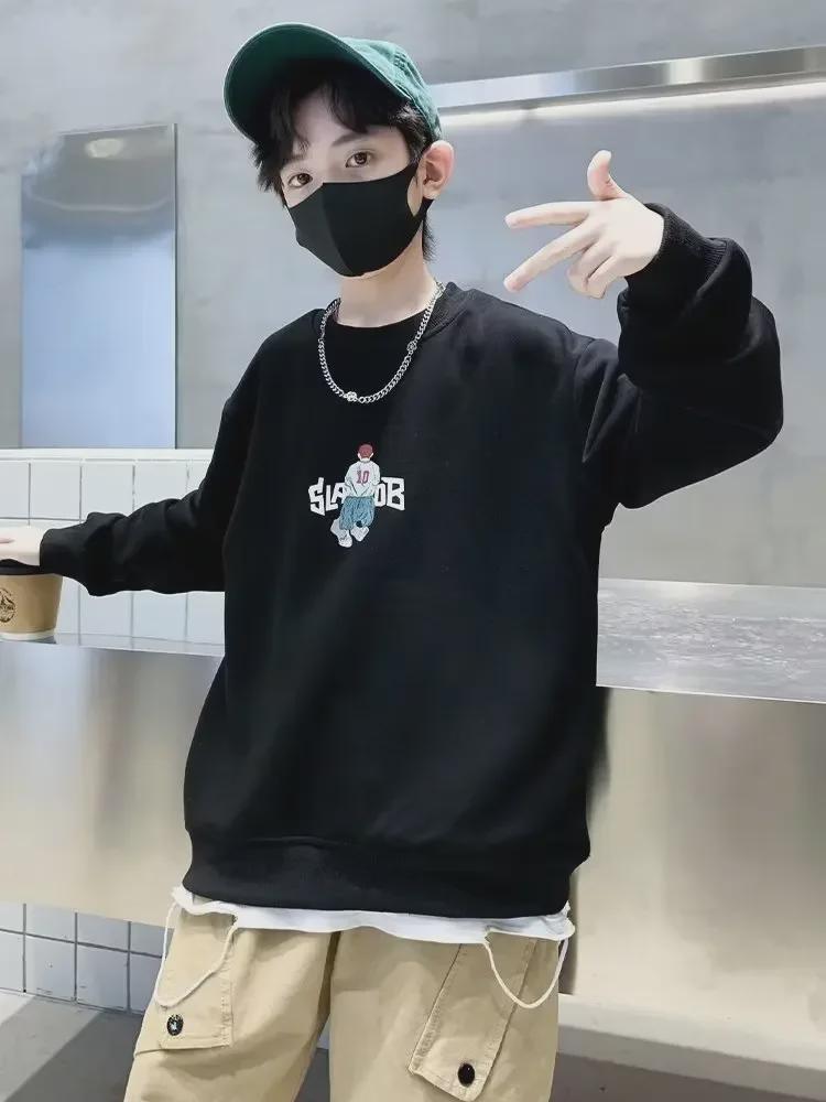 

Детская толстовка свободного кроя с круглым вырезом осень/зима 2023 года в корейском стиле — шикарный модный наряд в гонконгском стиле 140 cm чёрный