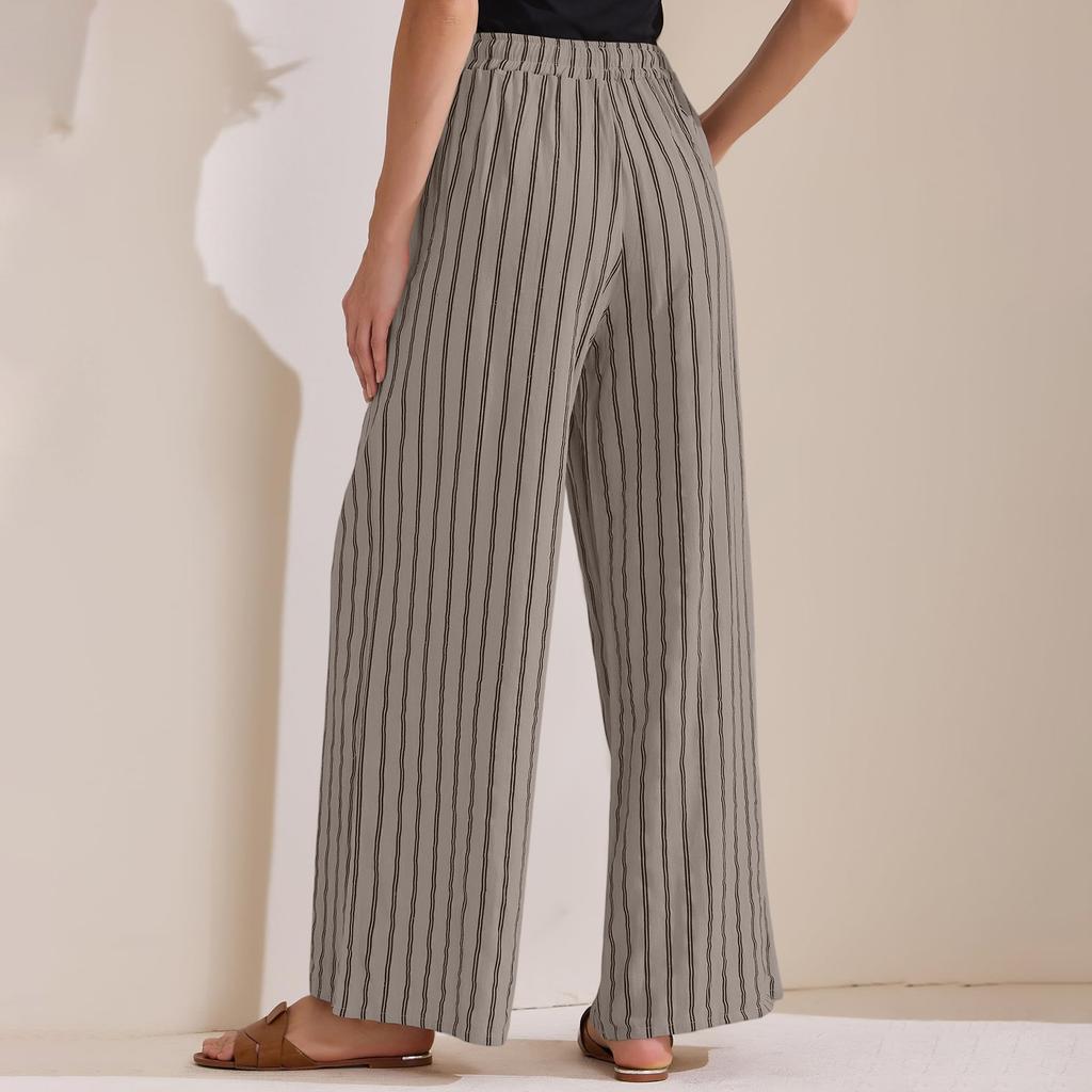 Ladies' Loose, Comfortable, Casual, Fashionable Striped Cotton And Linen Pants With Pockets