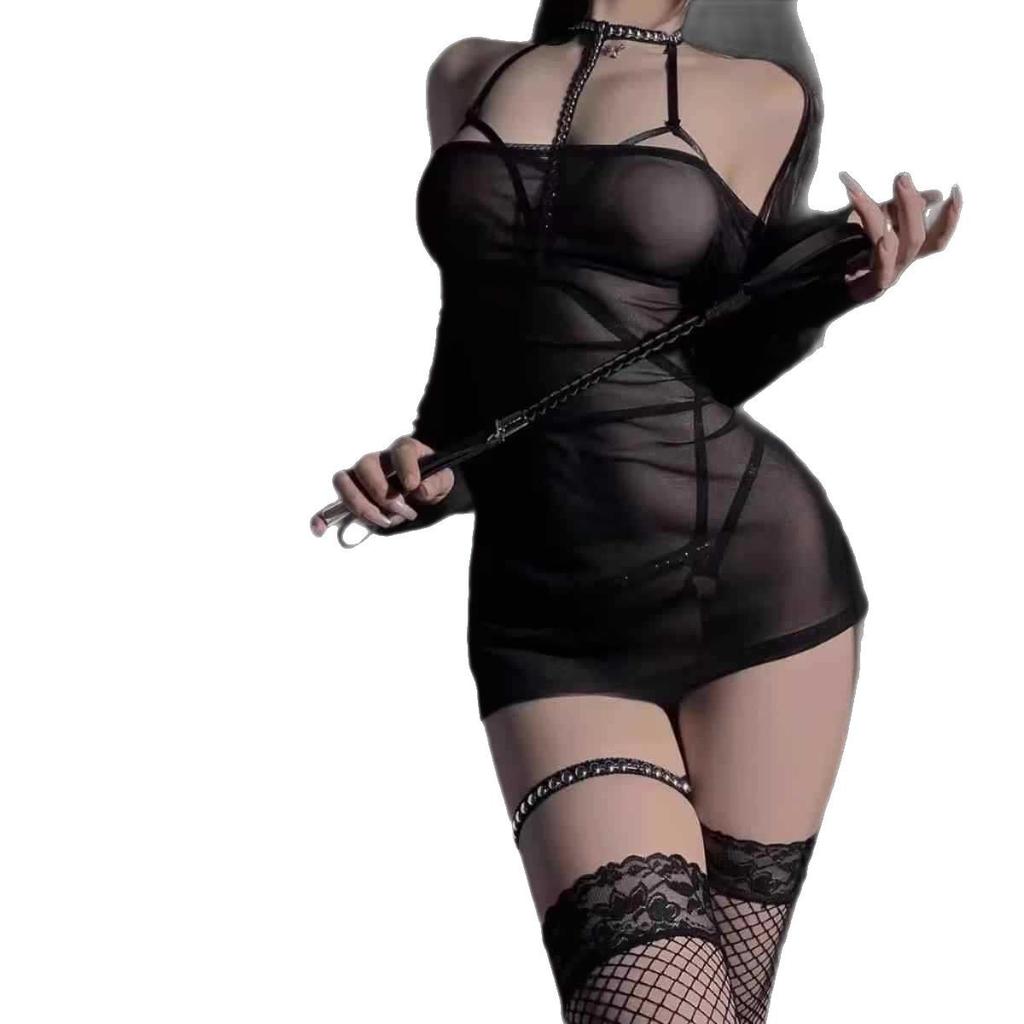 Sexy Suspender Tight Rivet Three-point One-piece Mesh See-through One-word Shoulder