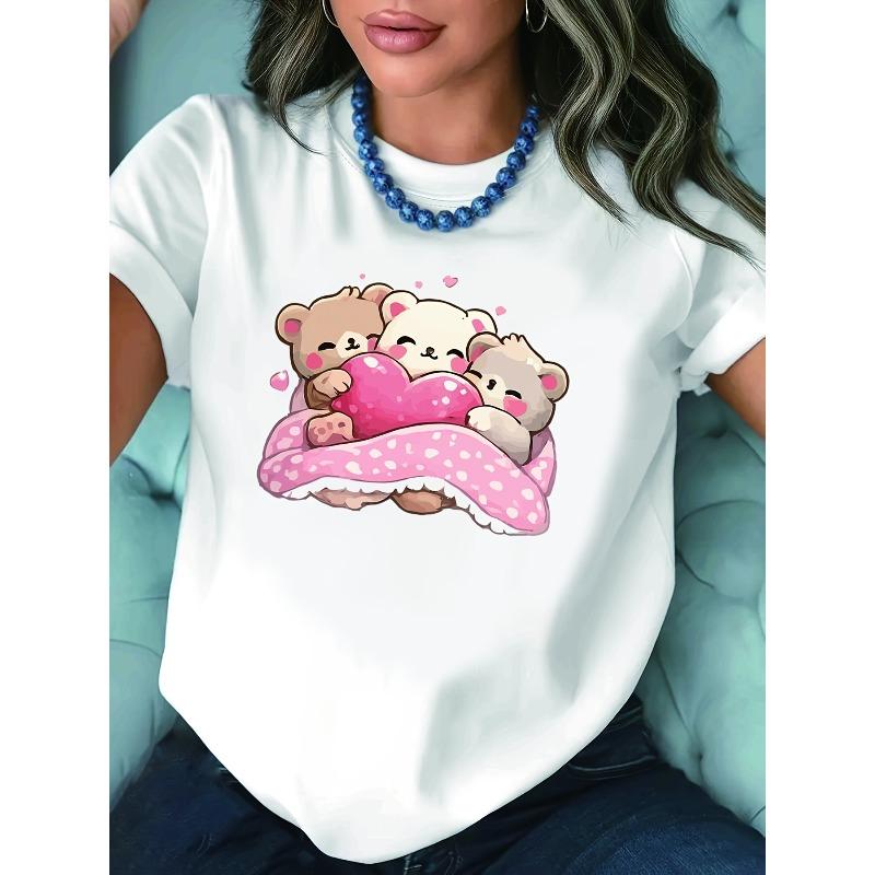 Plus Size, Plus-size T-shirt with Three Adorable Bear Hugging Heart Print: Brown, White S белый