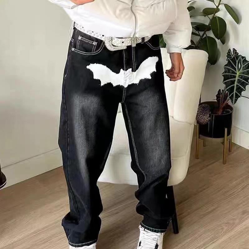 Printed Jeans Men's High Street Fashion Loose Straight Wide Leg Pants