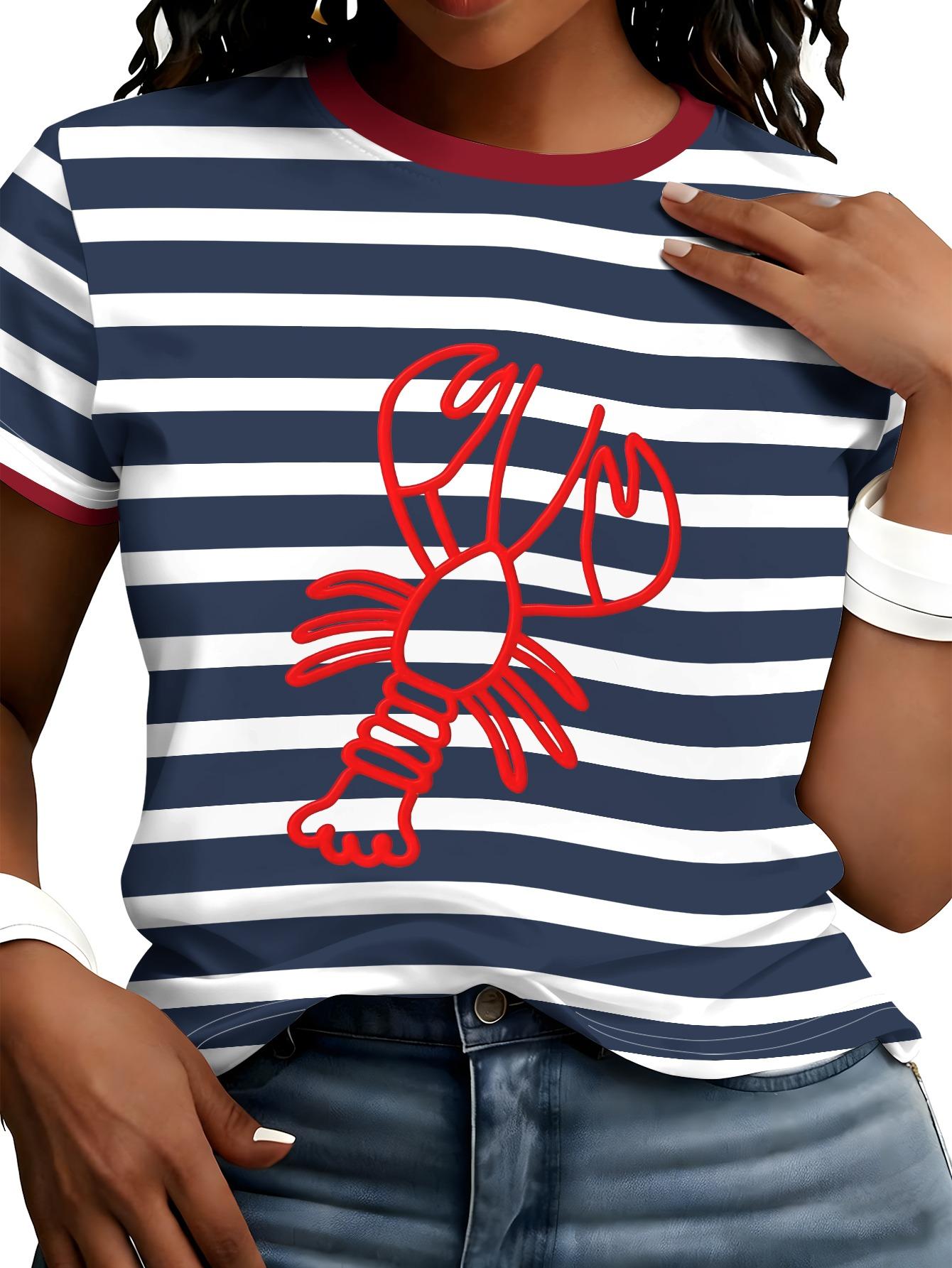 

Nautical Lobster Print T-Shirt - Navy Striped Short Sleeve Top with RedWhiteBlue Seafood. Casual Summer Beachwear. Machine Washable Suitable for Seafo 2XL дубильна кора