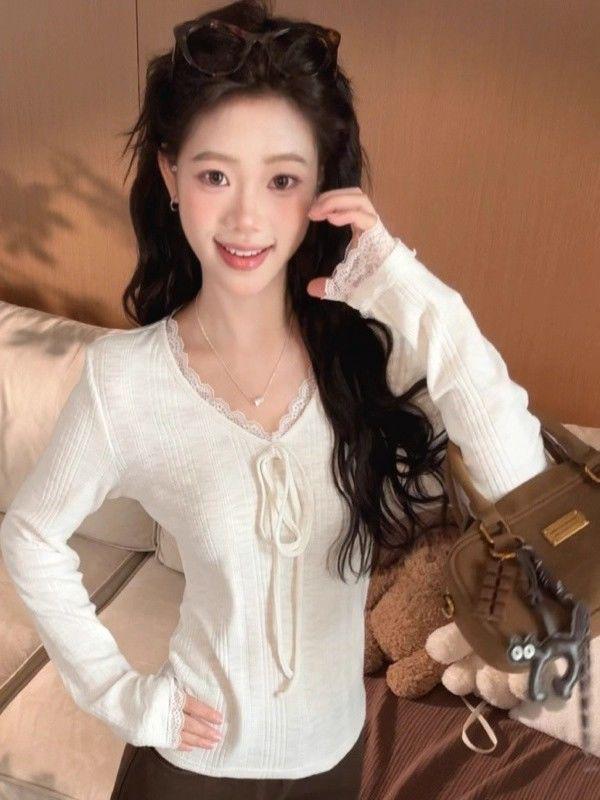 Women's Autumn French Lace Trim V-Neck Long-Sleeve Slim Fit Tie-Up Top