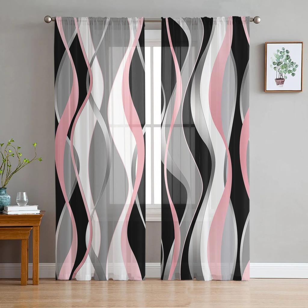 Stereo Abstrakte Linie Farbverlauf Rot Chiffon Gardinen Für Wohnzimmer Dekoration Fenster Voile Tüll Vorhang Vorhänge