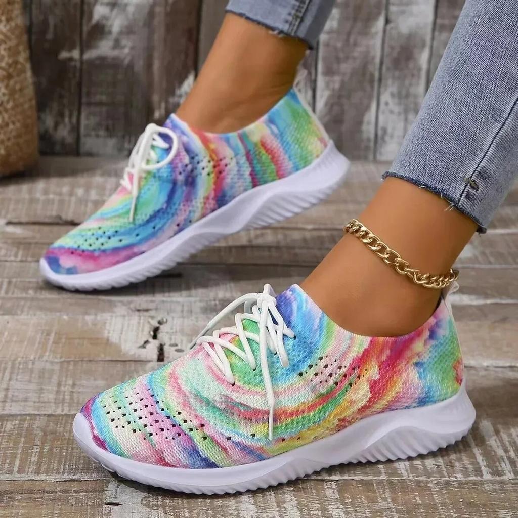 Women Mix Color Mesh Knitted Sneakers Autumn Lightweight Breathable Soft Sole Running Shoes Woman Slip On Flats Sock Shoes