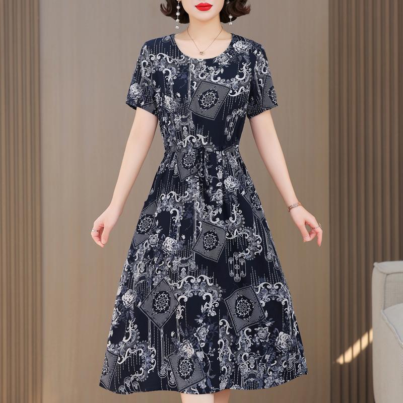 Grote Maten Casual Zomer Damesjurken Elegant Slank Korte Mouw Vintage Print Lange Jurk Dames Zomerkleding