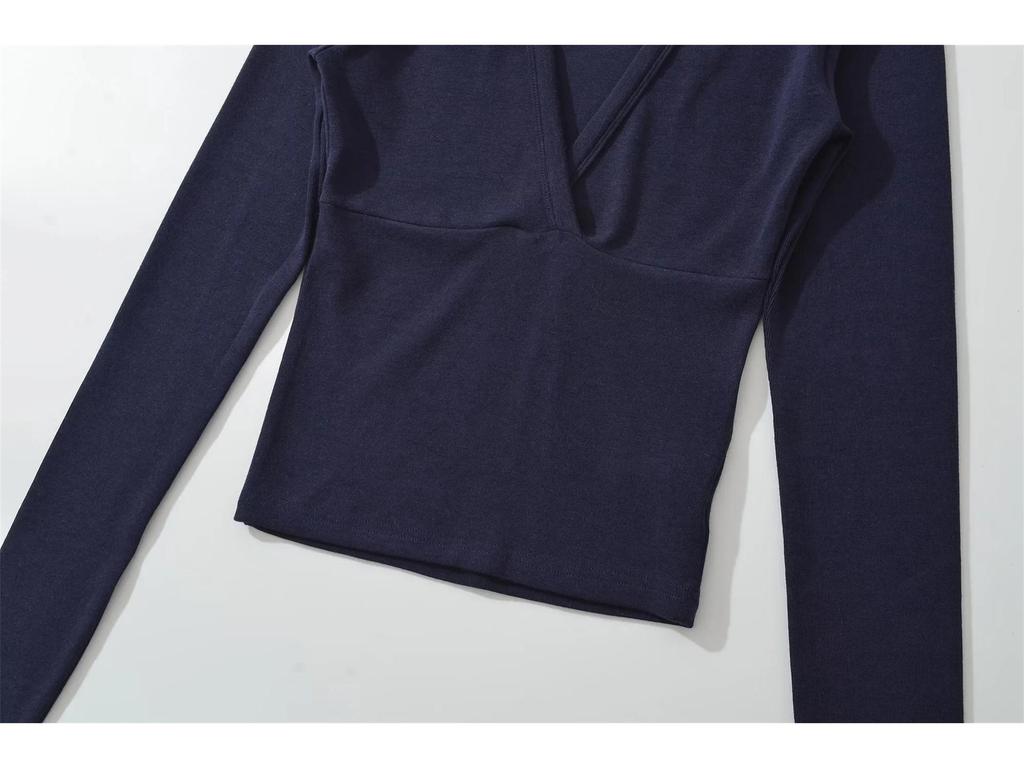 Women's Spicy American Deep V-neck Waist-cinching Long-sleeve T-shirt - Slim Fit for Autumn