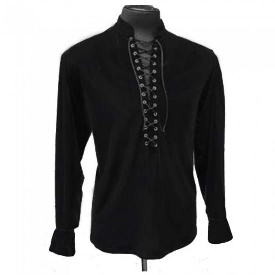 Spring Autumn Men Shirt Lace-up Stand Collar Long Sleeves Solid Color Loose Retro Medieval Mid Length Casual Cosplay Performance Top