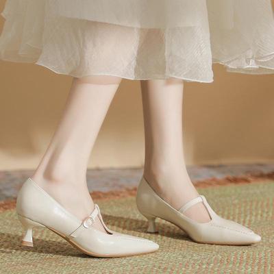 Sheepskin Inner Pad Pointed Mary Jane Women's Heels - Solid Color, Short Heel, Commuter-Friendly