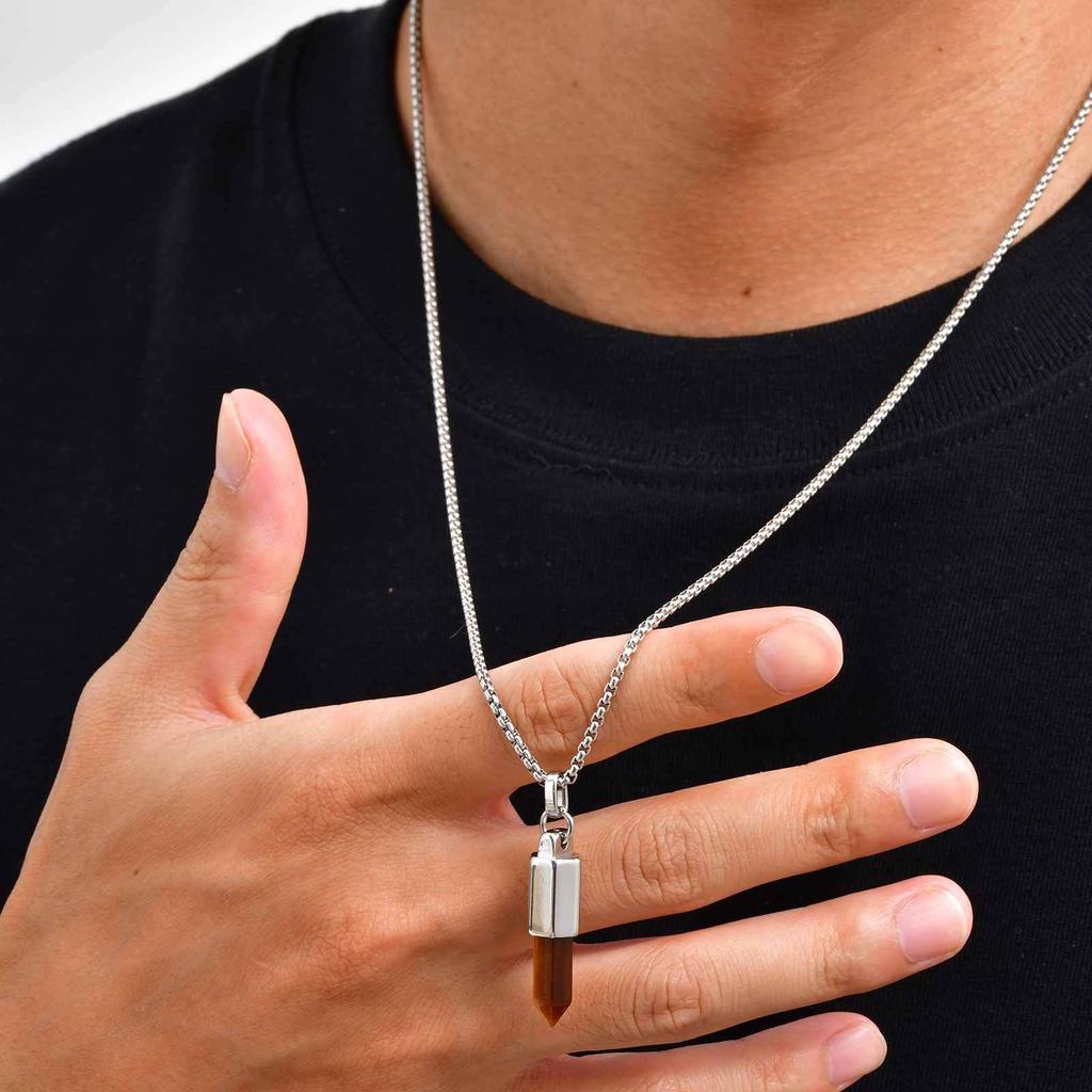 Stilvolle Herren-Halsketten mit Naturstein-Geschoss, Vintage Edelstein Heilung Edelstahl-Anhänger-Halskette, Geburtstagsgeschenk für Vater