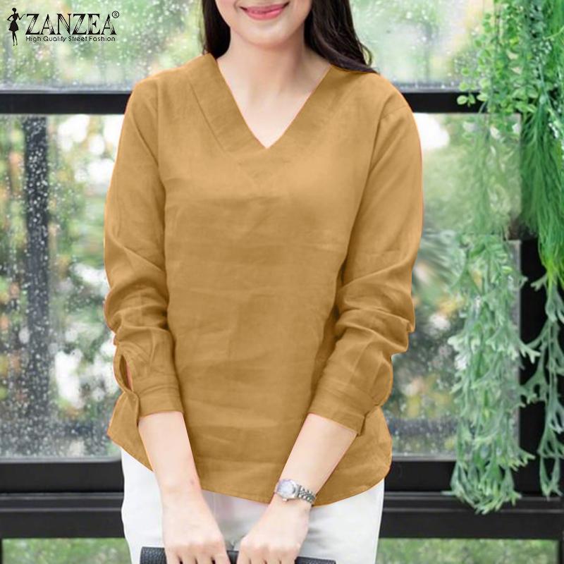 ZANZEA Chemisier ample à manches longues et col en V pour femme, couleur unie, décontracté