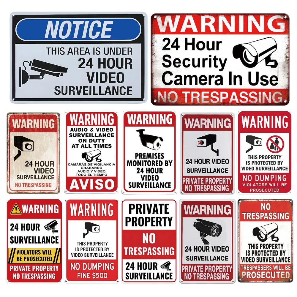 Vintage Tin Sign Retro Warning Metal Sign Video Surveillance Signs No Trespassing Sign Poster For Garage Home Man Cave Wall Deco