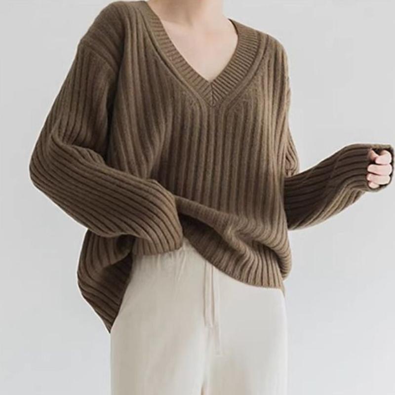 Jerséis Básicos de Punto para Mujer Otoño Invierno Cálido Suéter Cuello en V Moda Holgado Manga Larga Clásico Casual Tops de Punto