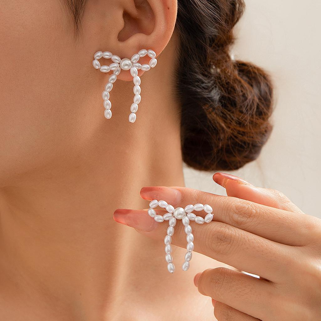 French Bow Tassel Stud Earrings, Simple Imitation Pearl Knotted Bowearrings