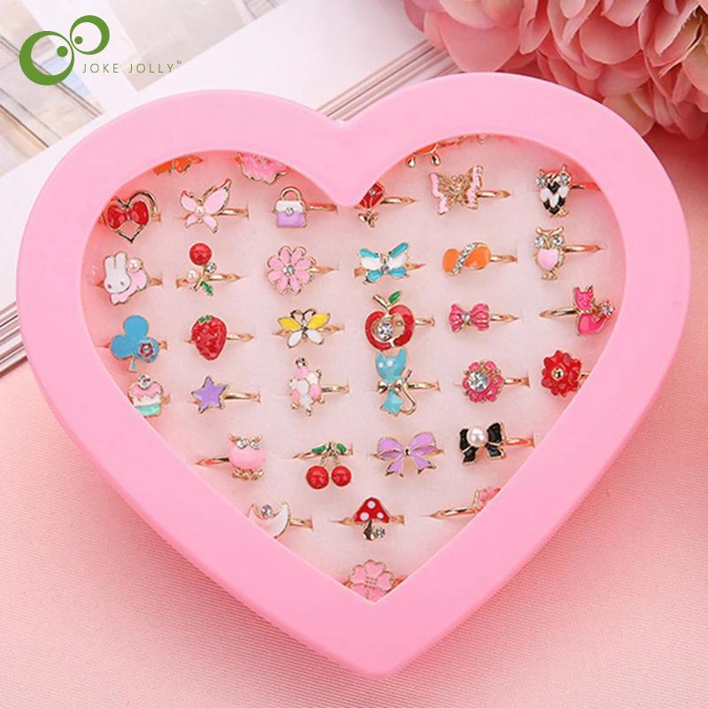 10/20/36 pièces Bagues Ajustables Mignonnes Enfants Filles Jeu de Rôle Maquillage Jouets Bijoux en Cristal de Dessin Animé Bague en Alliage Émail Animal