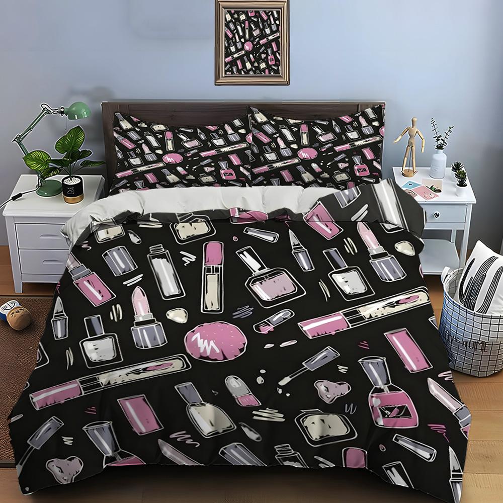 3PC Fashion Make Up Print Bedding Set Duvet Cover 1 Duvet Cover 2 Pillowcases Adult and Children Bedding Set Luxury Girls Gifts