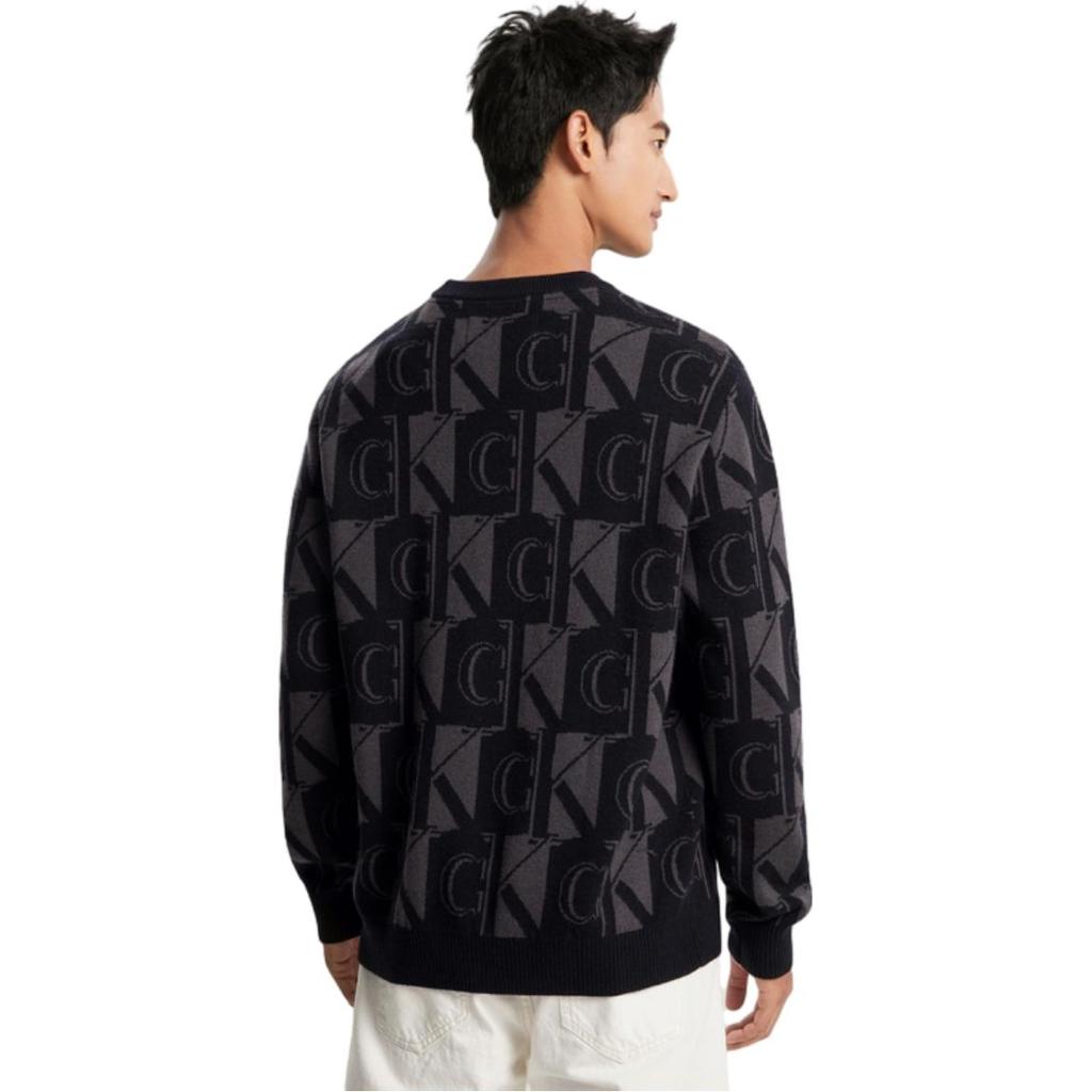 Calvin Klein FW23 Letter Jacquard Crew Neck Pullover Wool Sweater Men Sweater Space-Black J324411
