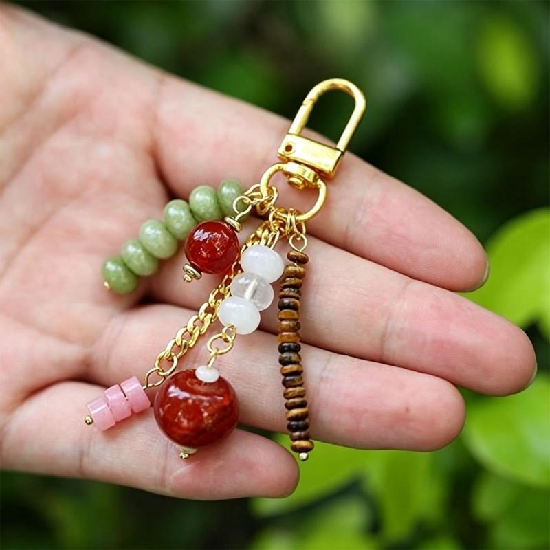 Decorative Beaded Keychain Charm with Gold Tone Clasp and Chain Detail, Bag Charm Key Ring Accessory for Daily Carry