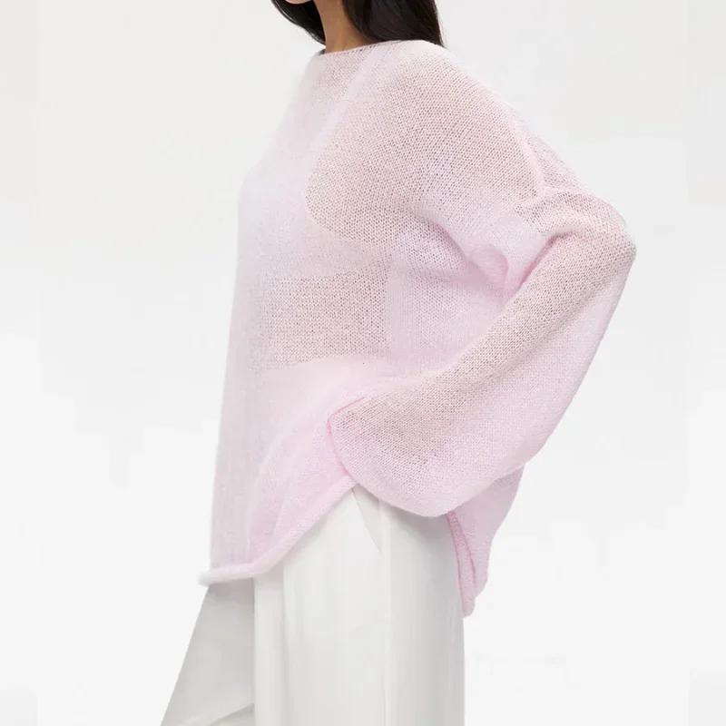 Camiseta de Punto Calada Primavera/Verano para Mujer Perspectiva Fina Cuello Redondo Grande Manga Trompeta Camiseta de Punto