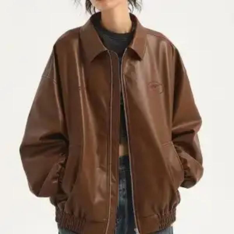 

Повседневная куртка для женских топов на осень для пар, ретро, нишевая, кожаная, вышитая, ветрозащитная куртка L коричневый