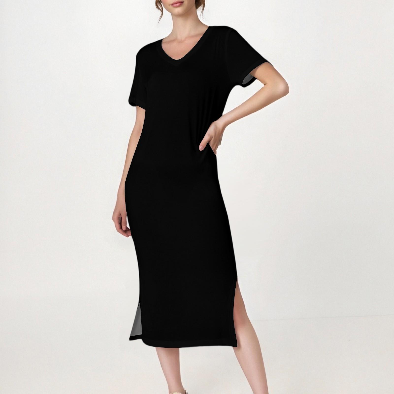 

Женское повседневное однотонное платье с V-образным вырезом, короткими рукавами, разрезом по подолу и карманами XL