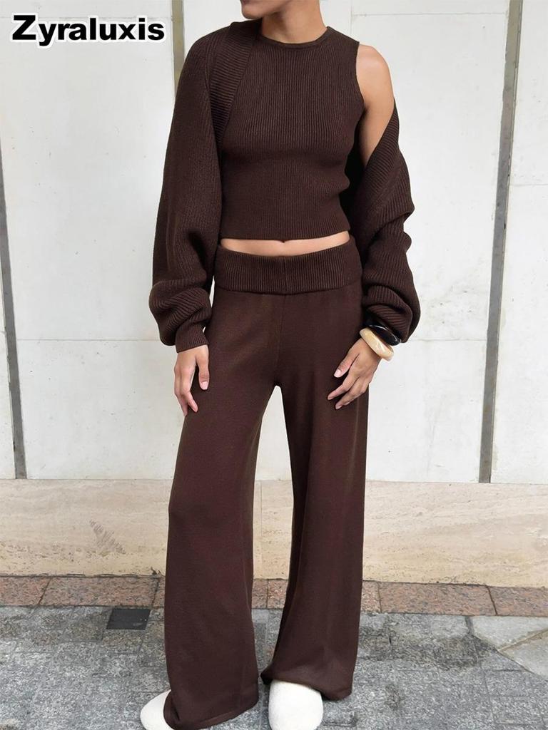 Three-piece Set, Autumn, Knitted Sweater with Loop Neck Camisole High-waisted Wide Leg Pants Suit