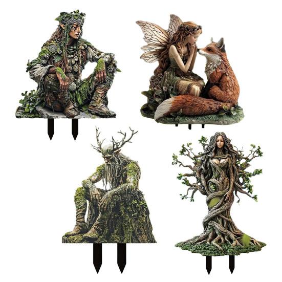 Dřevěný elf Akrylová cedule Kolík Odolný proti povětrnostním vlivům 2D Plochý Víla Hrot Rostliny Květináč