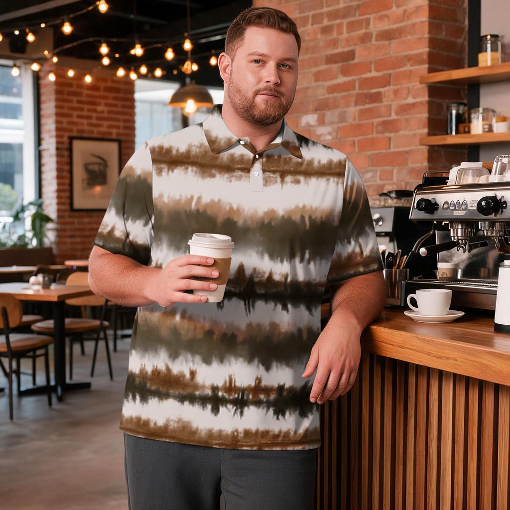 Men's Big Size Short Sleeve Golf Shirt Breathable Casual Workwear Polo Shirt with Striped Plaid Print Comfortable Fit