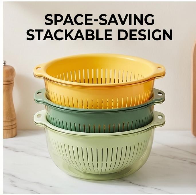 Double Layer Drain Basket Reusable Kitchen Food Washing Strainer Bowl For Fruit Vegetable Snack Storage Multi Color