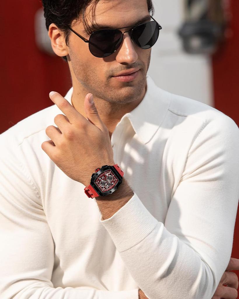 TSAR BOMBA Men's Tonneau Watch 50M Waterproof Sapphire Crystal Silicone Strap Japanese Movement Red Case Thickness 16.8mm