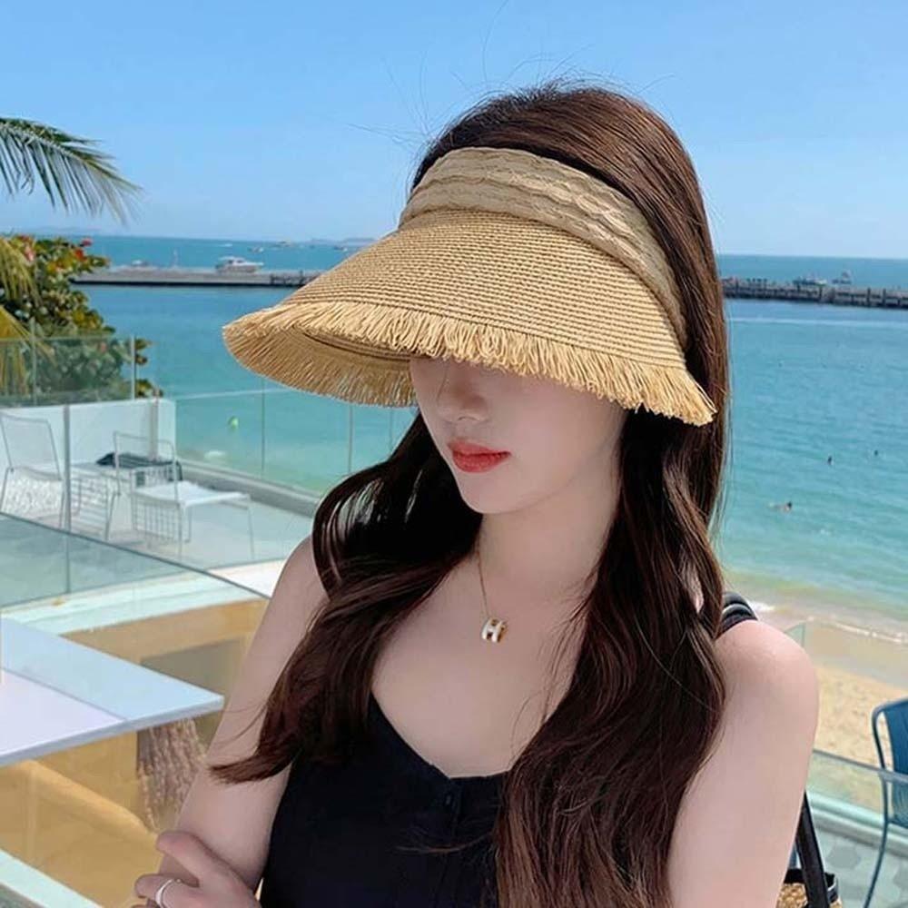 Portable Straw Visor Cap Solid Color Folding Sunshade Hat Top Air Cap Wide Brim Woven Cap  Summer