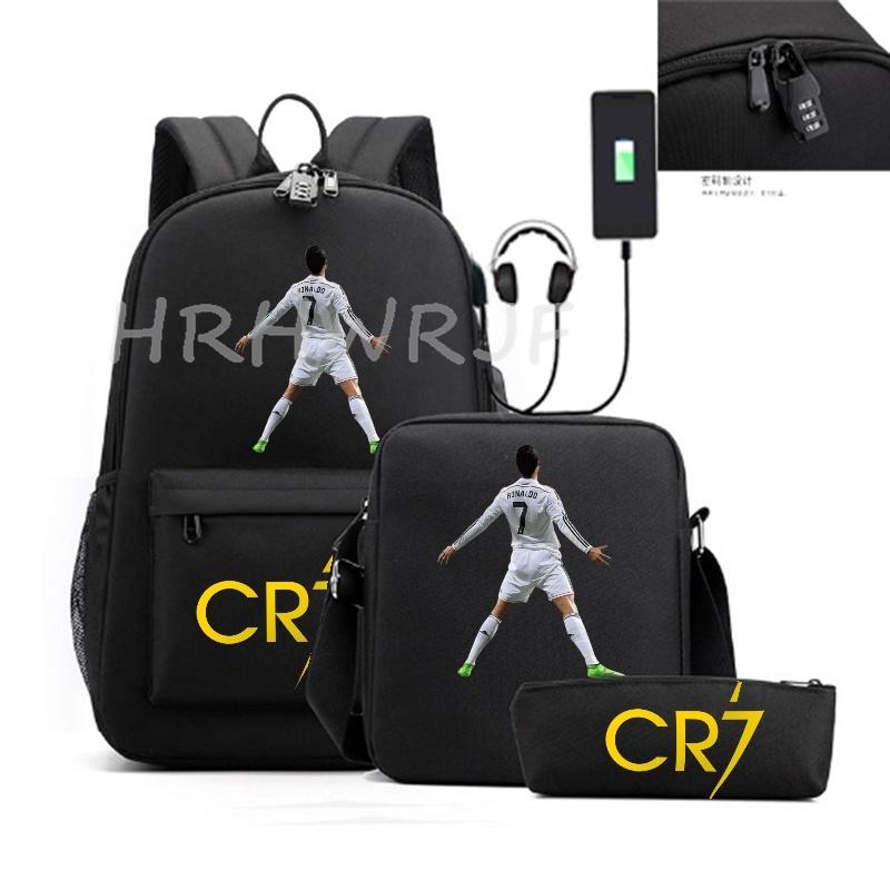 Sports Casual CR7 Backpacks 3pcs Simple Lightweight Capacity Teens Laptop School Bags Women Men Travel USB An-ti Lock Mochilas