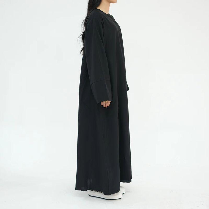 

New Arrival Middle East Ethnic Style Pure Color Belt Robe Dress round Neck Solid Color Dress Black XL