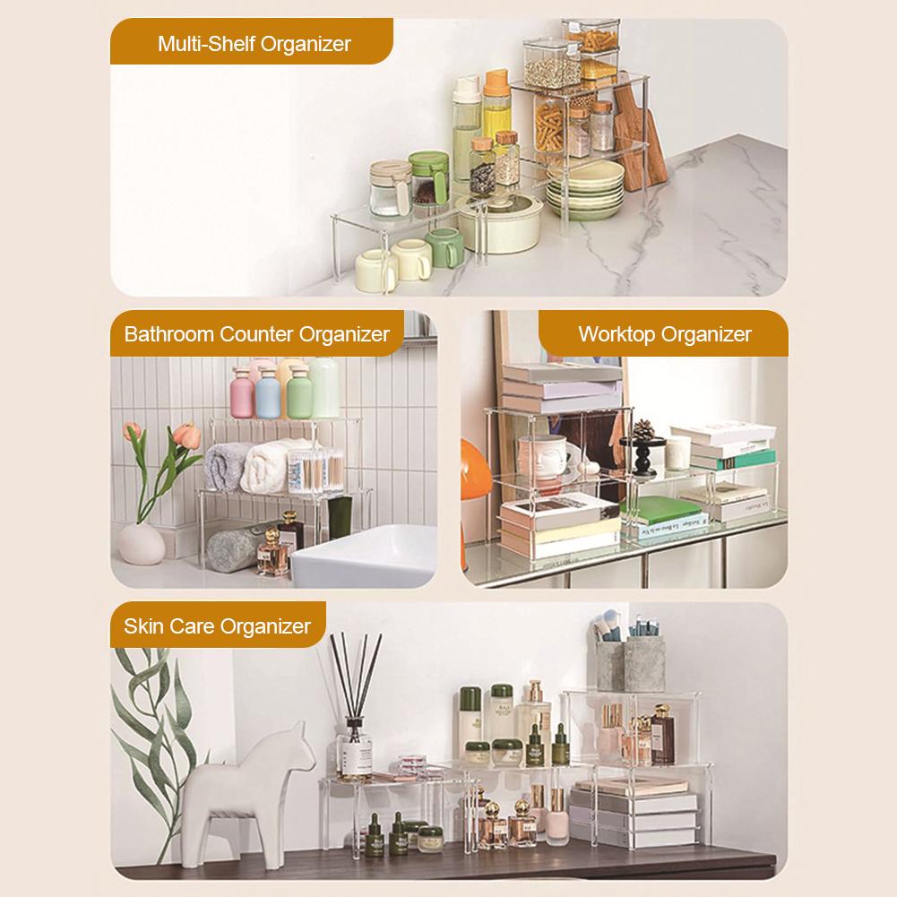 4 Pack Clear Acrylic Shelf Organizer Shelf Risers Kitchen Counter Shelves Organizer for Dishes Spices Soda Cans and Bottles