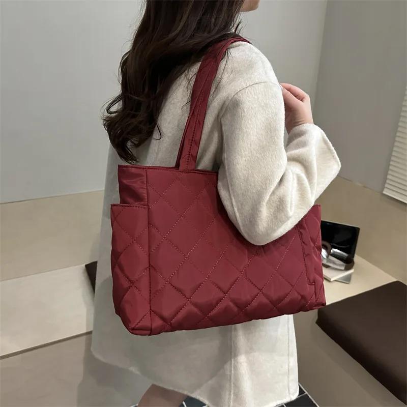 Simple Quilted Design Shoulder Bags for Women Large Capacity Ladies Shopping Tote Bag Versatile Solid Color Female Handbags