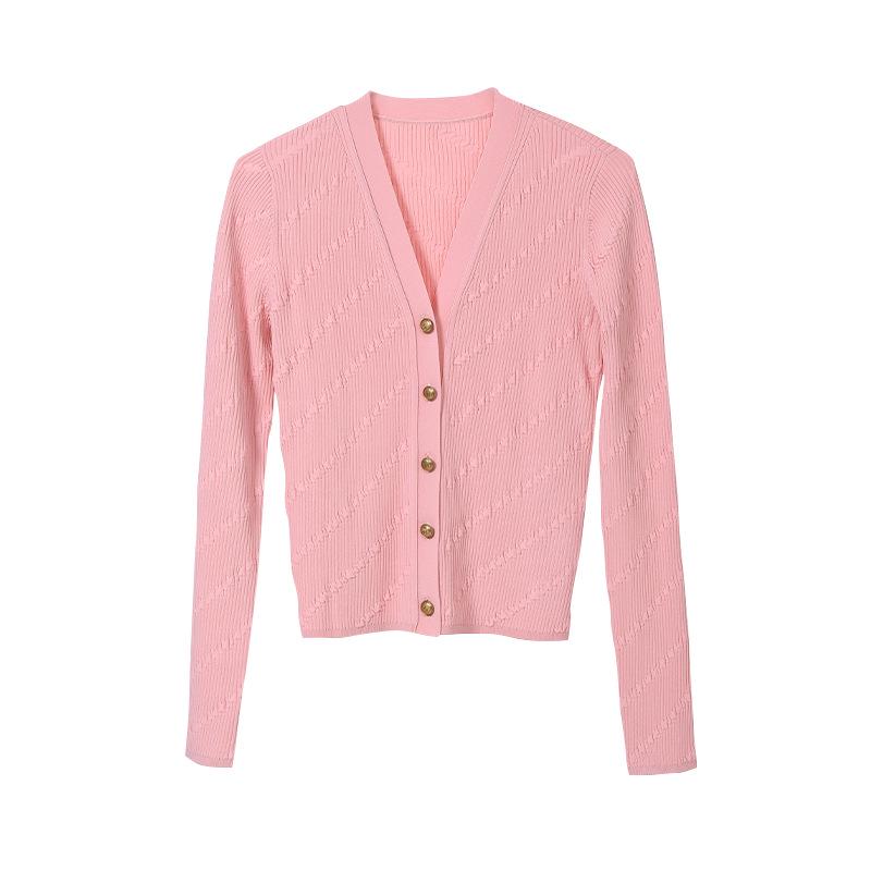 2025 Autumn/Winter V-neck Long Sleeve Single-Breasted Diagonal Stripe Knit Cardigan Outerwear