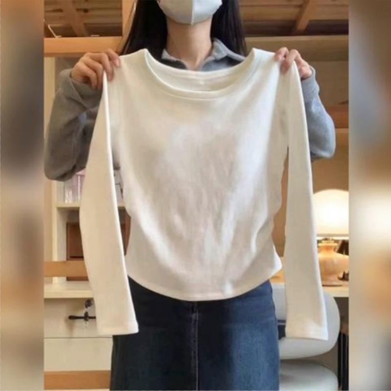 

Solid color real shot short waist bottoming shirt women s inner early spring wear new slim-fit long-sleeved T-shirt S