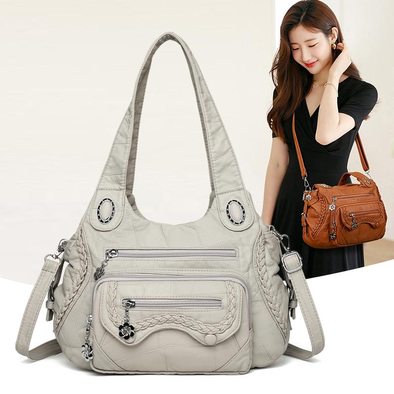 Women's Vintage Leather Shoulder Bag Multi-Zipper Pocket Crossbody Bag with Braided Detail Casual Handbag for  Use for Daily Life and Weekend Outings