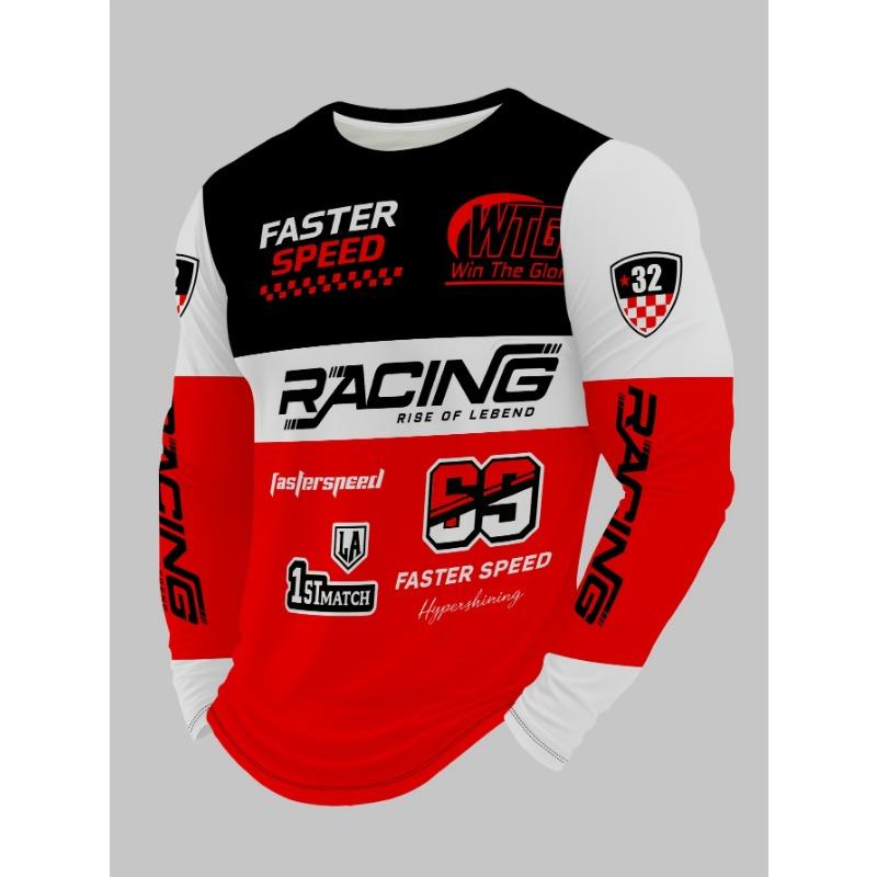 Men's Crew Neck Long Sleeve T-Shirt with Trendy Racing Element Print and Letter Graphic for Casual Wear, PLUS SIZE